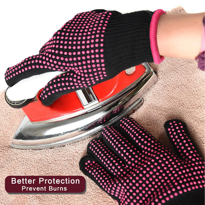 Two piece pack of anti scald premium cotton hair styling gloves showing back and front design.
