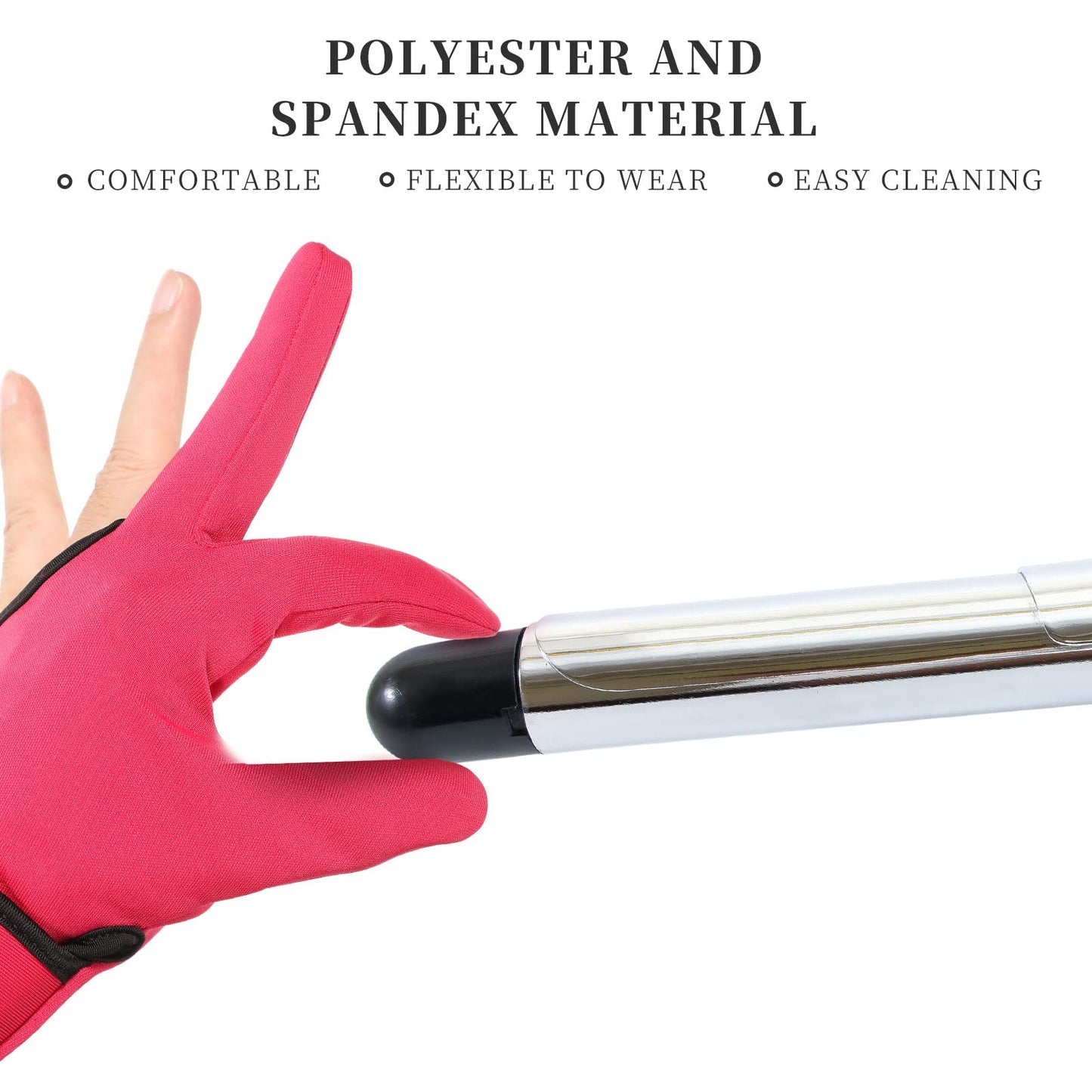Rose red three finger curling wand heat protector glove showing hand placement for styling