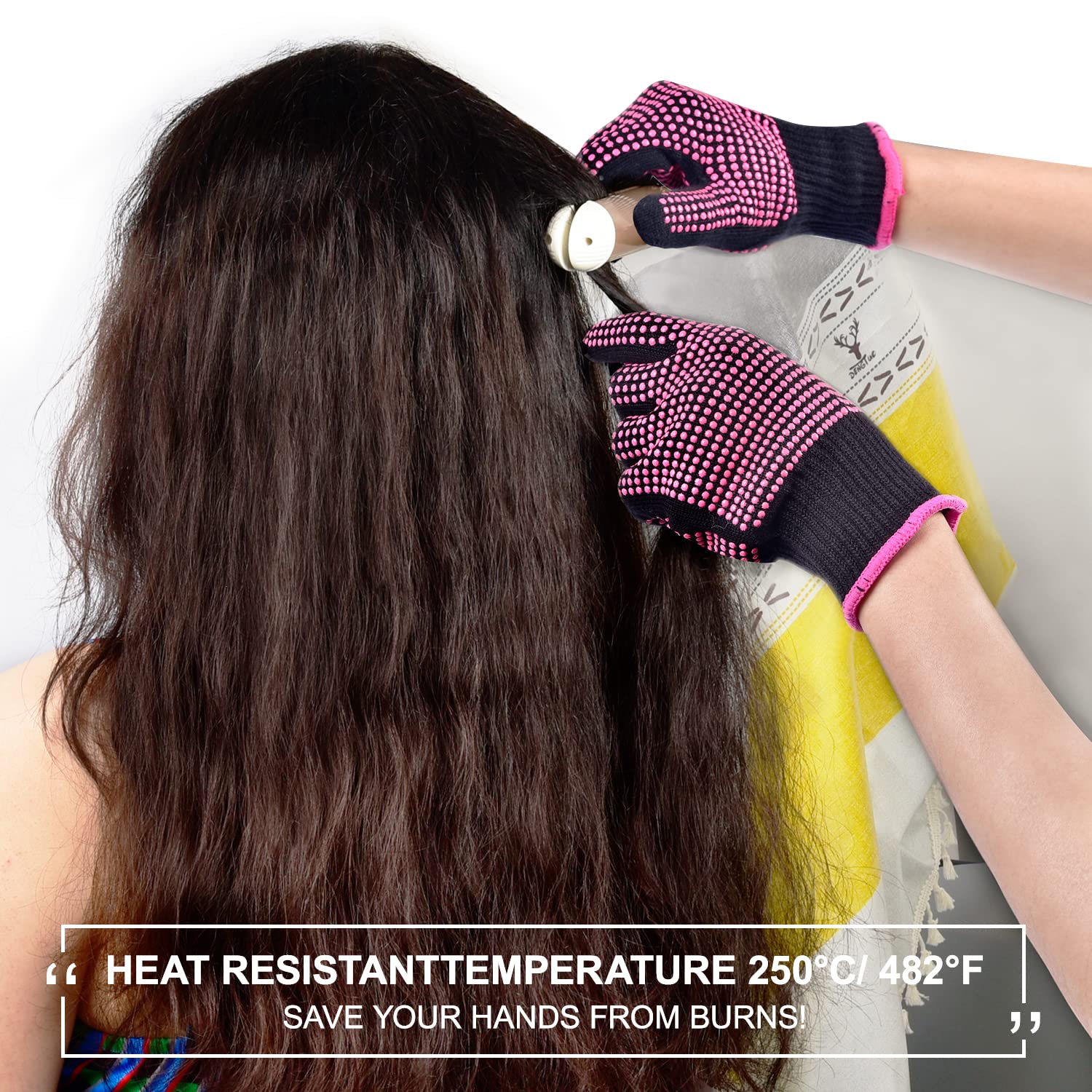 Close up of thermostable silicone nodules on the Sopito rose red styling glove