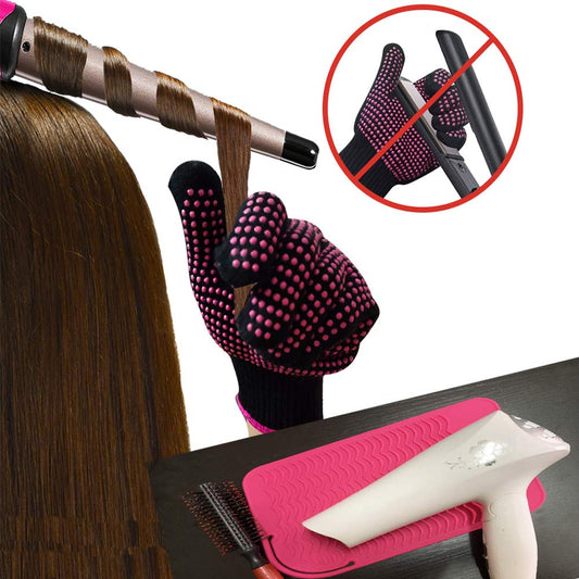 Pink food grade silicone mat acting as a protective resting pad for a hot curling iron.