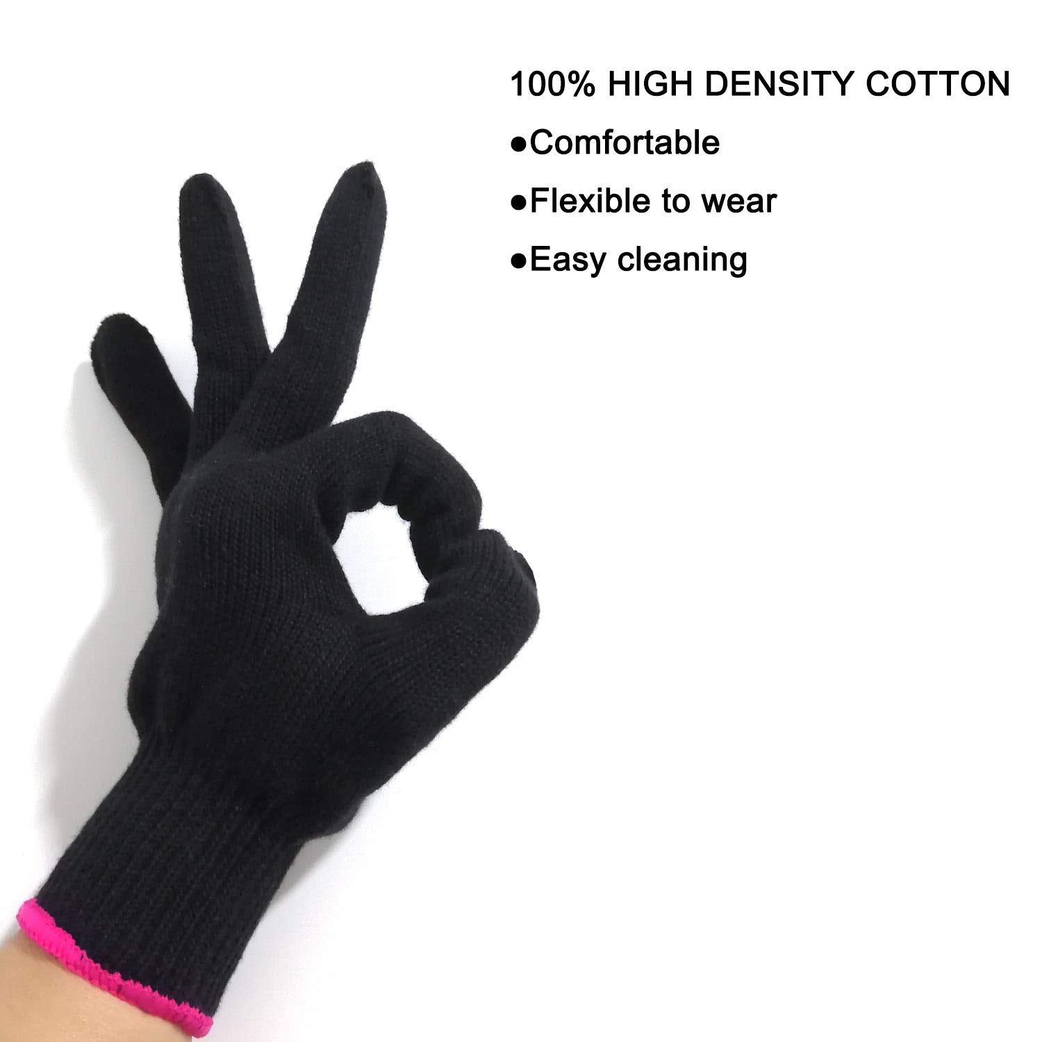 Pink edge Lessmon heat resistant glove used with flat iron hair straightener