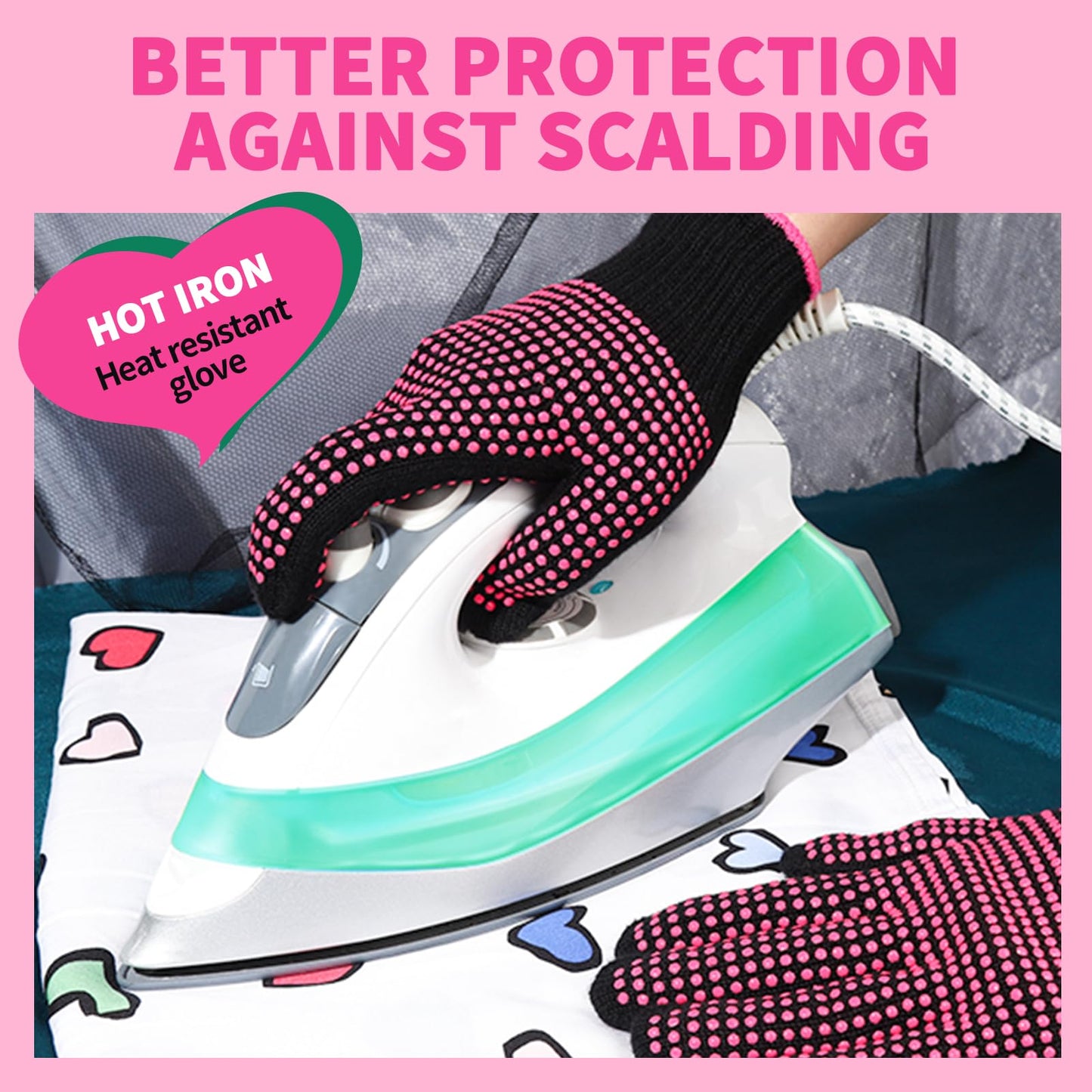Premium imported heat barrier gloves being worn on an adult hand to prevent curling iron burns