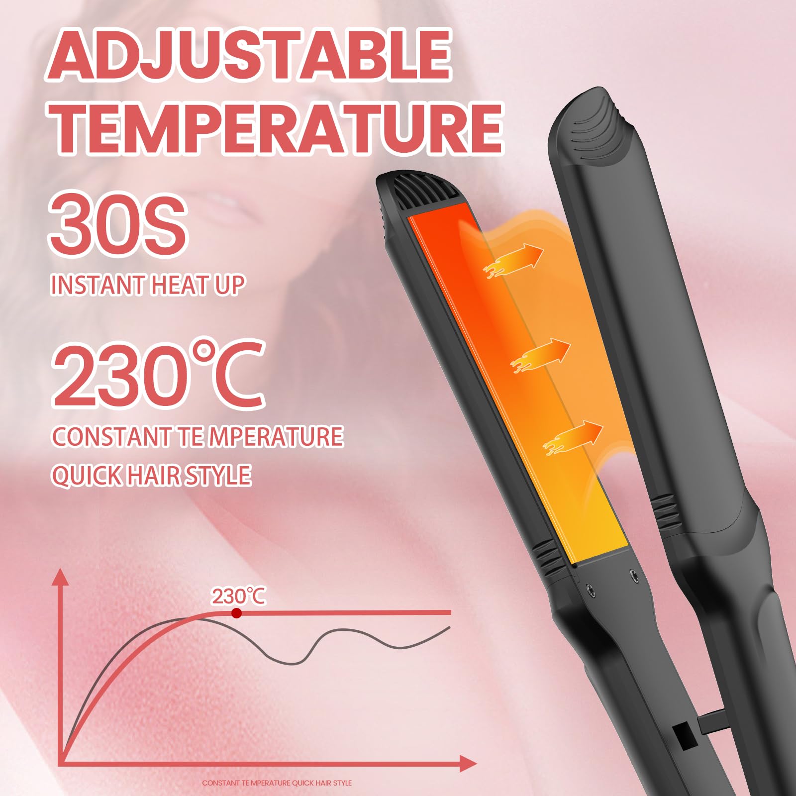 Multi functional curling iron wand and hair straightener kit with adjustable temperature buttons displayed clearly