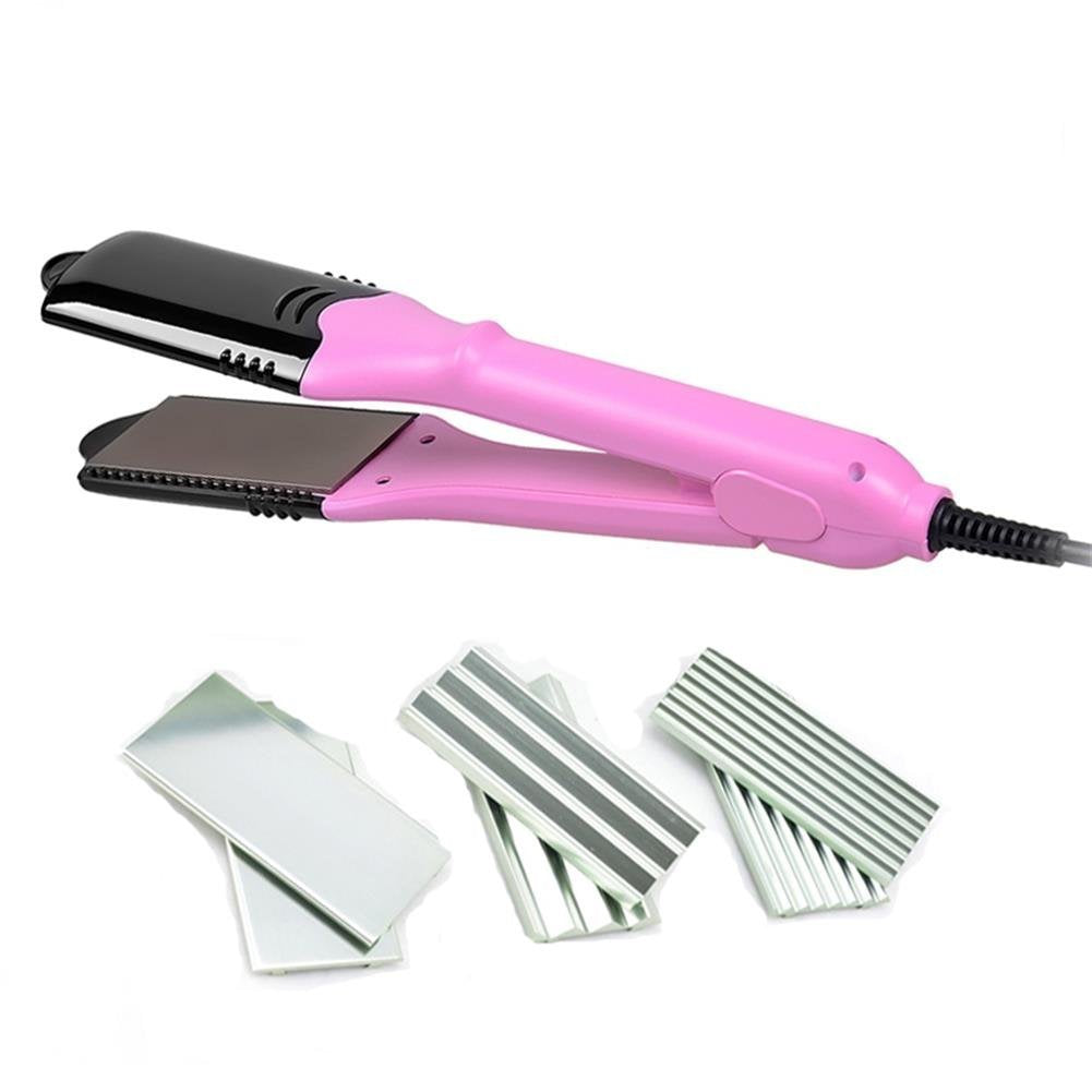 Multifunctional hair crimping iron with four unique titanium plate attachments for diverse styling