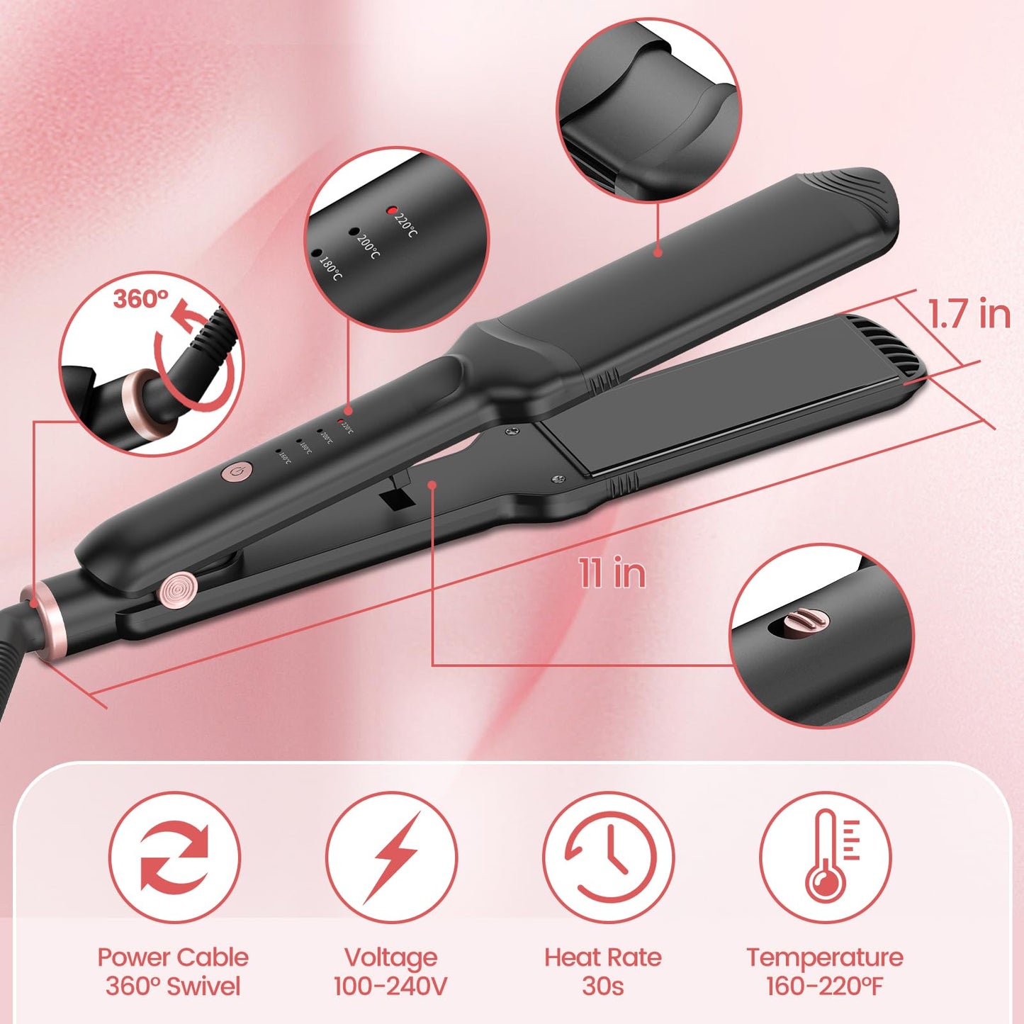 Side view of the ergonomic handle and digital heat settings of the damage free hair crimper waver set