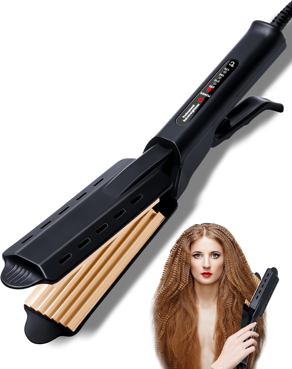Black professional hair crimper with ceramic plates angled side view