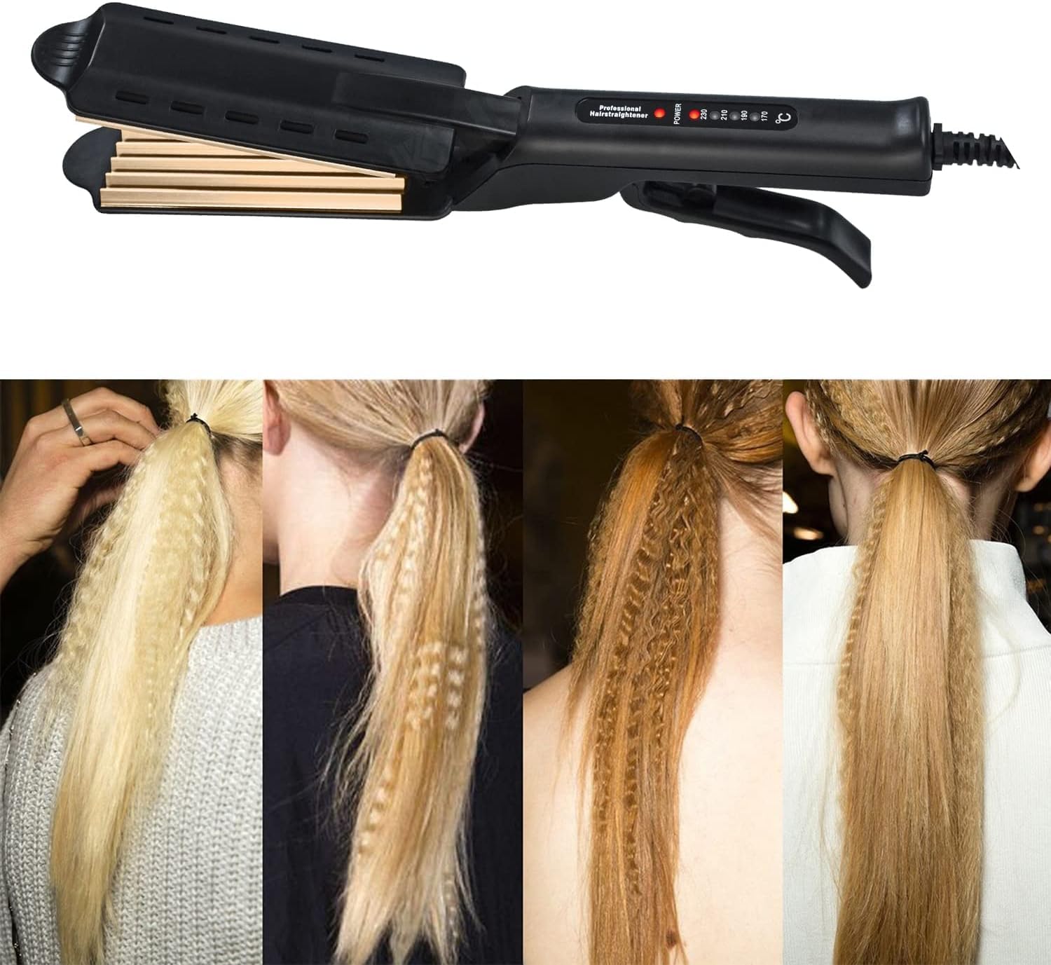 Adjustable temperature hair crimping iron showing ergonomic handle design