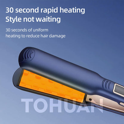 Accio fluffy hair crimping iron side angle view showing the plate locking mechanism.