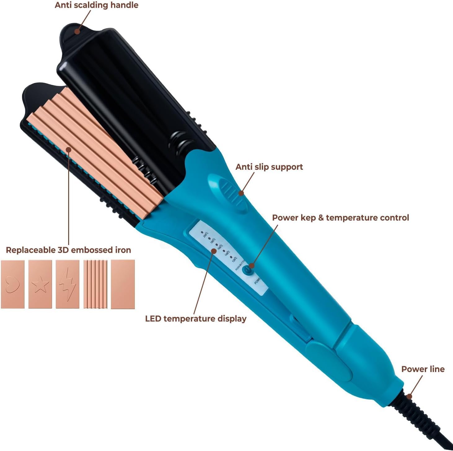Sm liters beauty crimper tool showing the anti scald protective tip for safe dual handed hair volumizing.