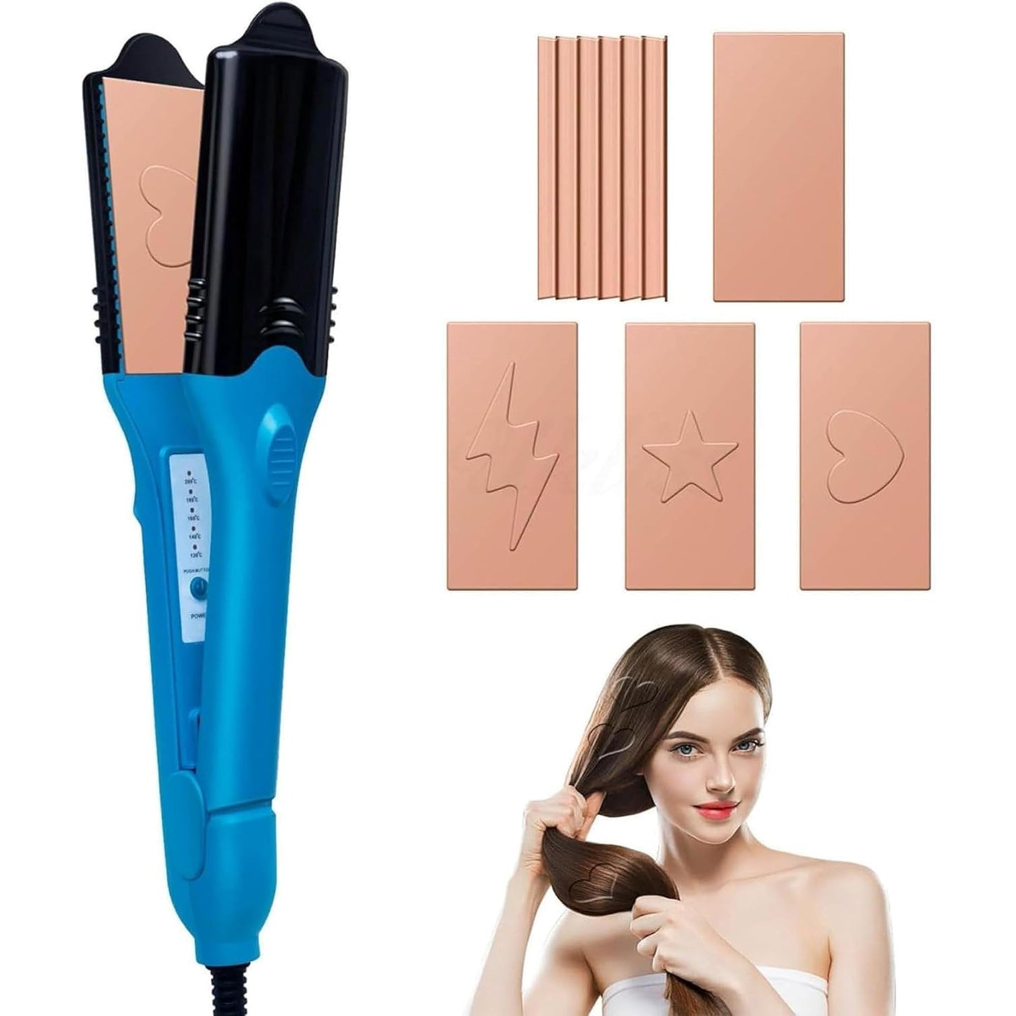 Sm liters beauty multi pattern hair tool with star and heart plates laid out for comparison.
