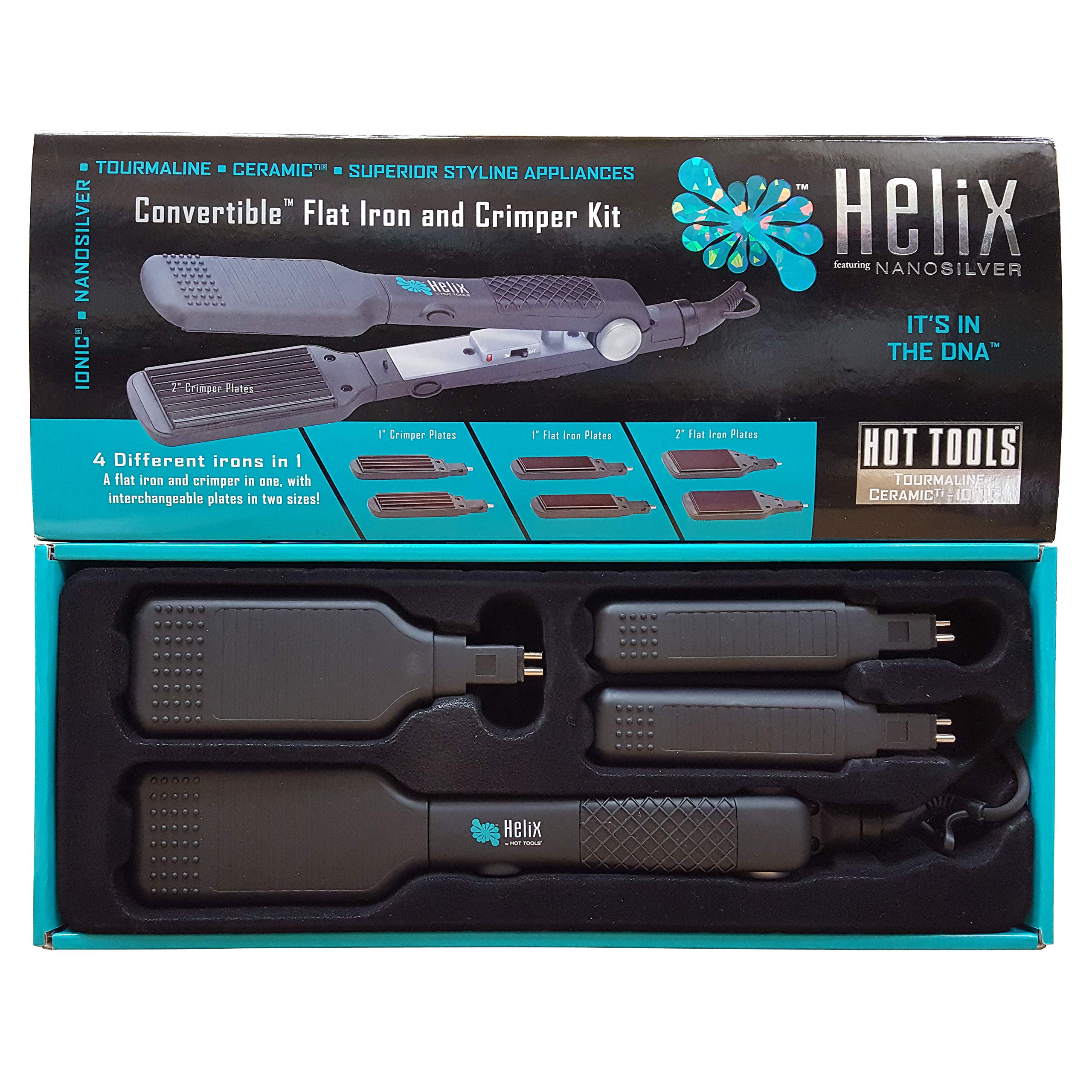 Hot Tools professional multi styling hair tool kit with one inch crimper and two inch flat iron attachments.