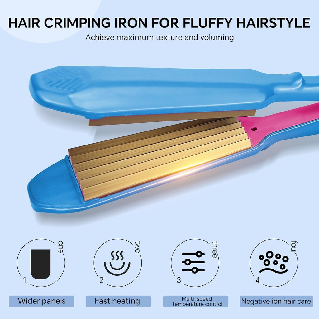 The HOVCEH hair crimper iron being used on hair sections to demonstrate instant root lift and corn waves.