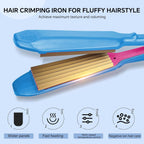 The HOVCEH hair crimper iron being used on hair sections to demonstrate instant root lift and corn waves.