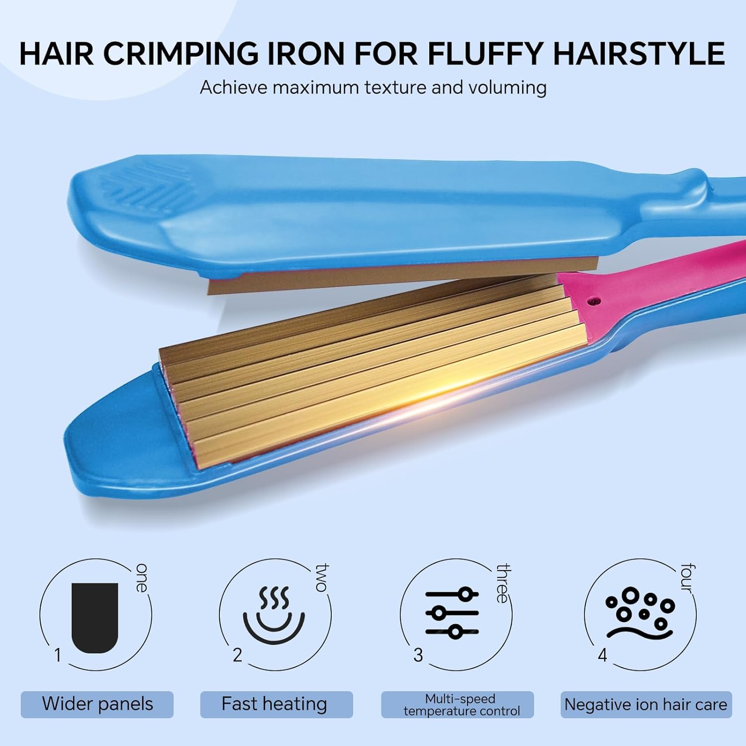 The HOVCEH hair crimper iron being used on hair sections to demonstrate instant root lift and corn waves.
