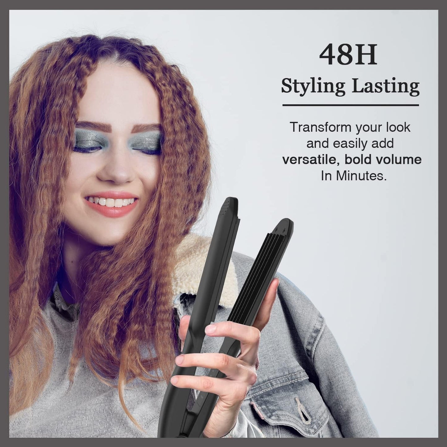 Volumizing hair waver showing temperature adjustment settings display panel.