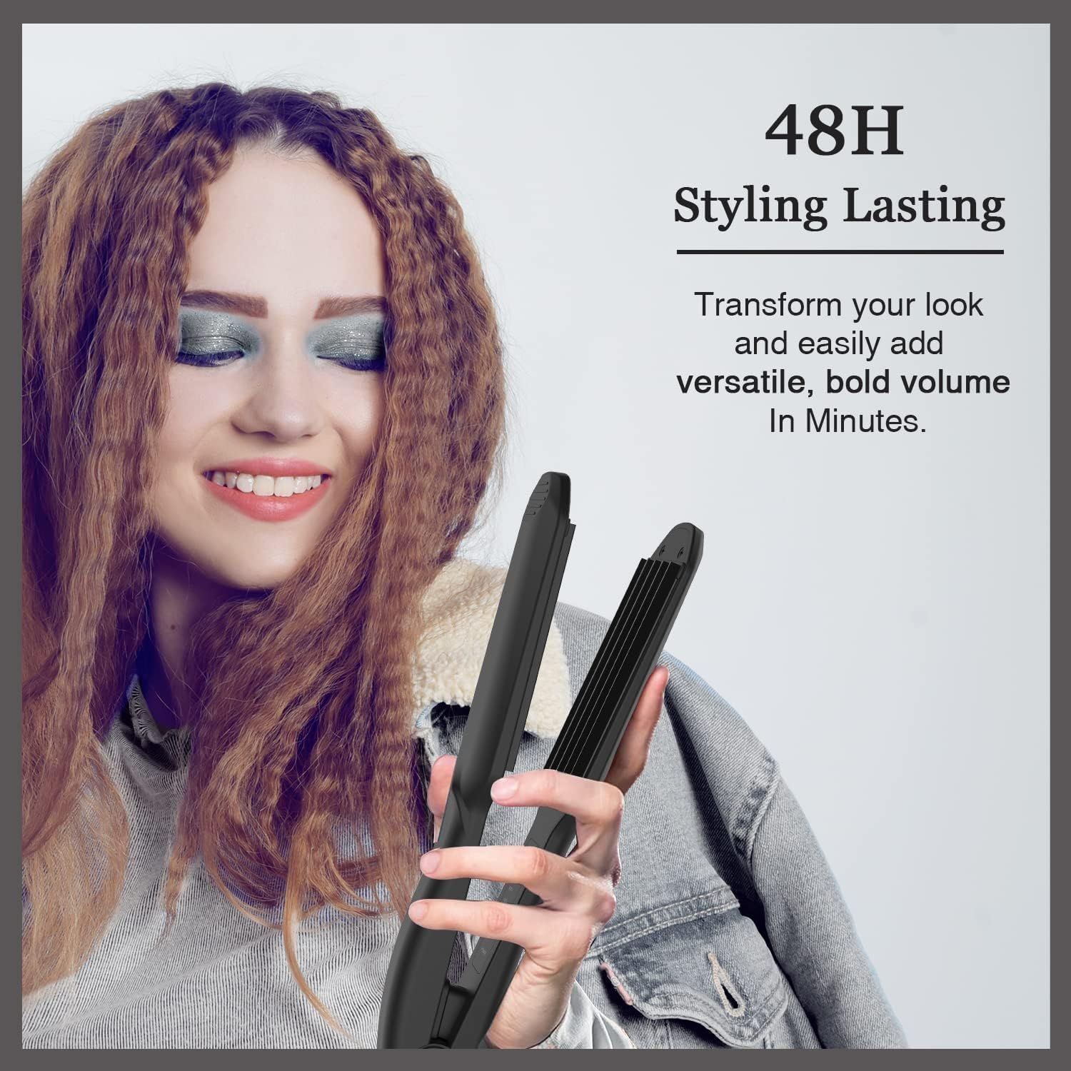 Volumizing hair waver showing temperature adjustment settings display panel.
