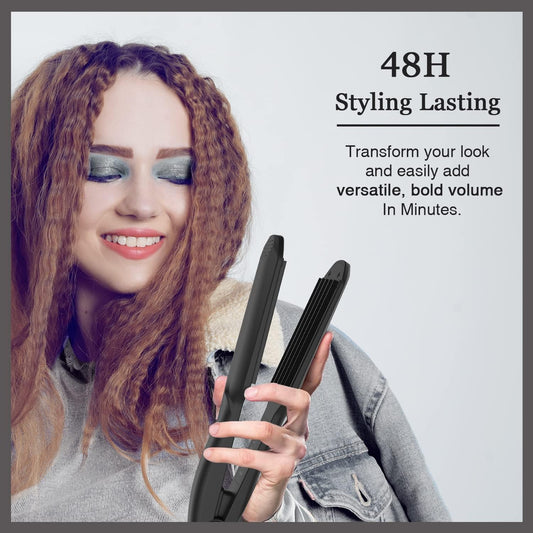 Volumizing hair waver showing temperature adjustment settings display panel.