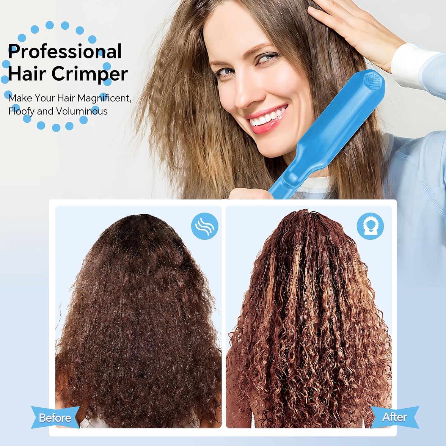 Back view of the sleek blue corrugation hair iron emphasizing its ergonomic handle and swivel cord.
