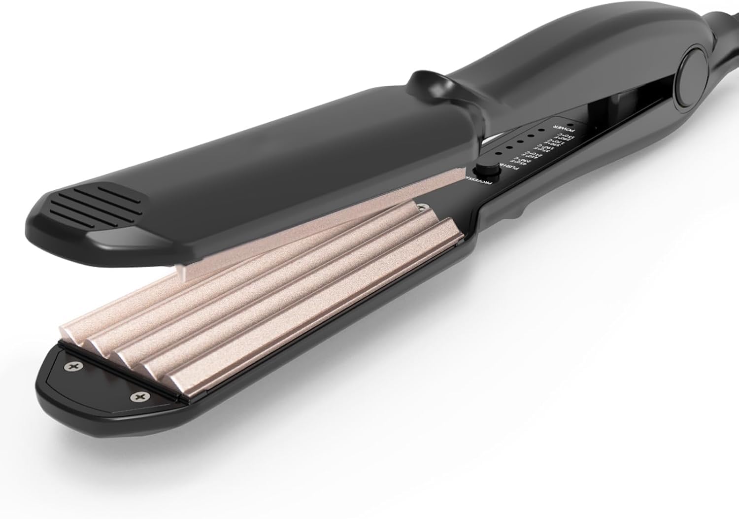 Crimping iron tool creating root texture on a woman.