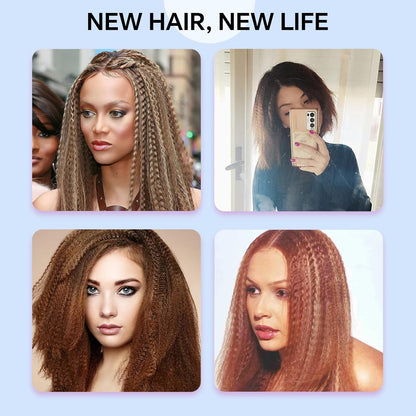 Lifestyle shot of the wide plate hair crimper next to styled, voluminous hair showing the final textured look.