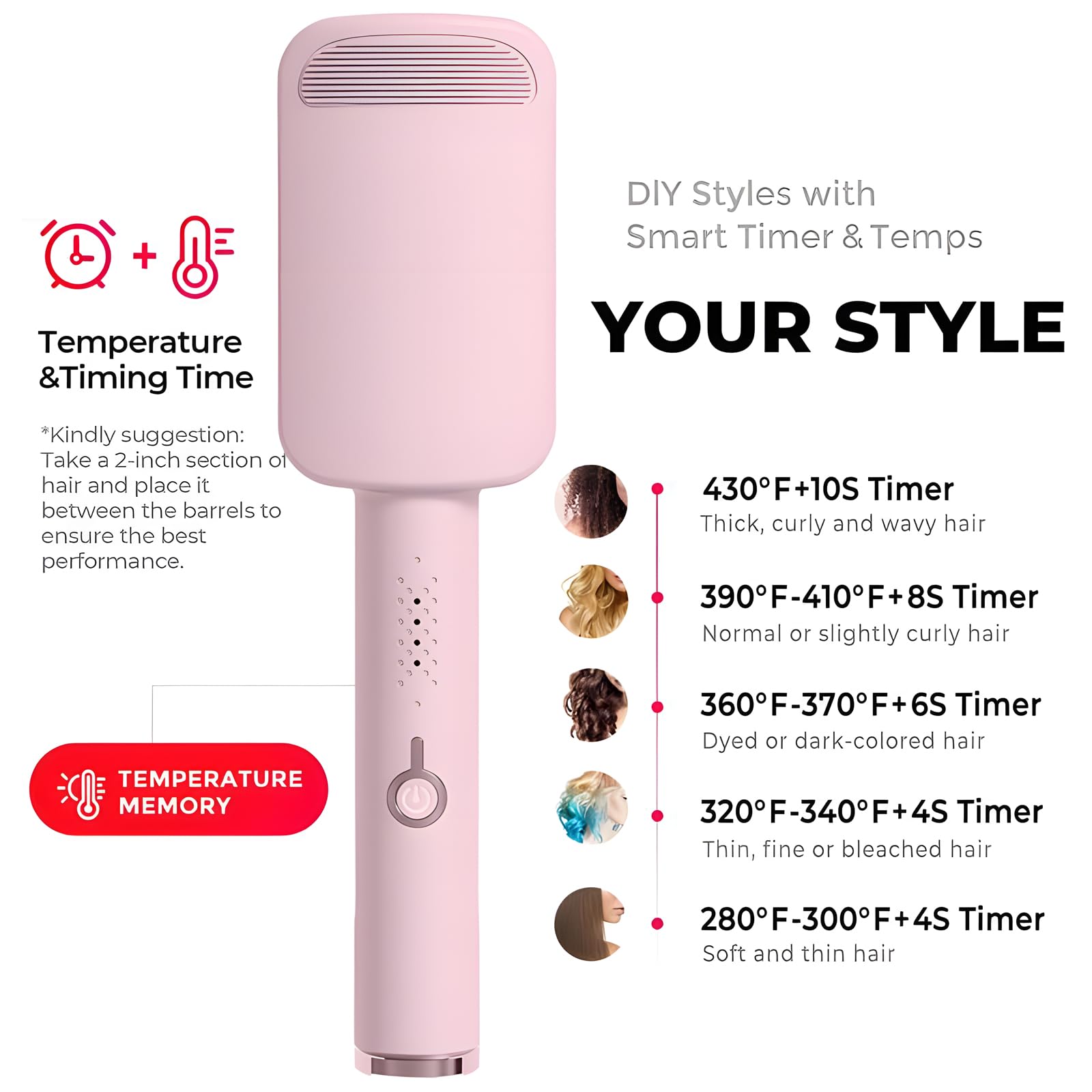 The pink ionic beach waves curling wand showing the power button and four temperature settings