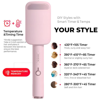 The pink ionic beach waves curling wand showing the power button and four temperature settings