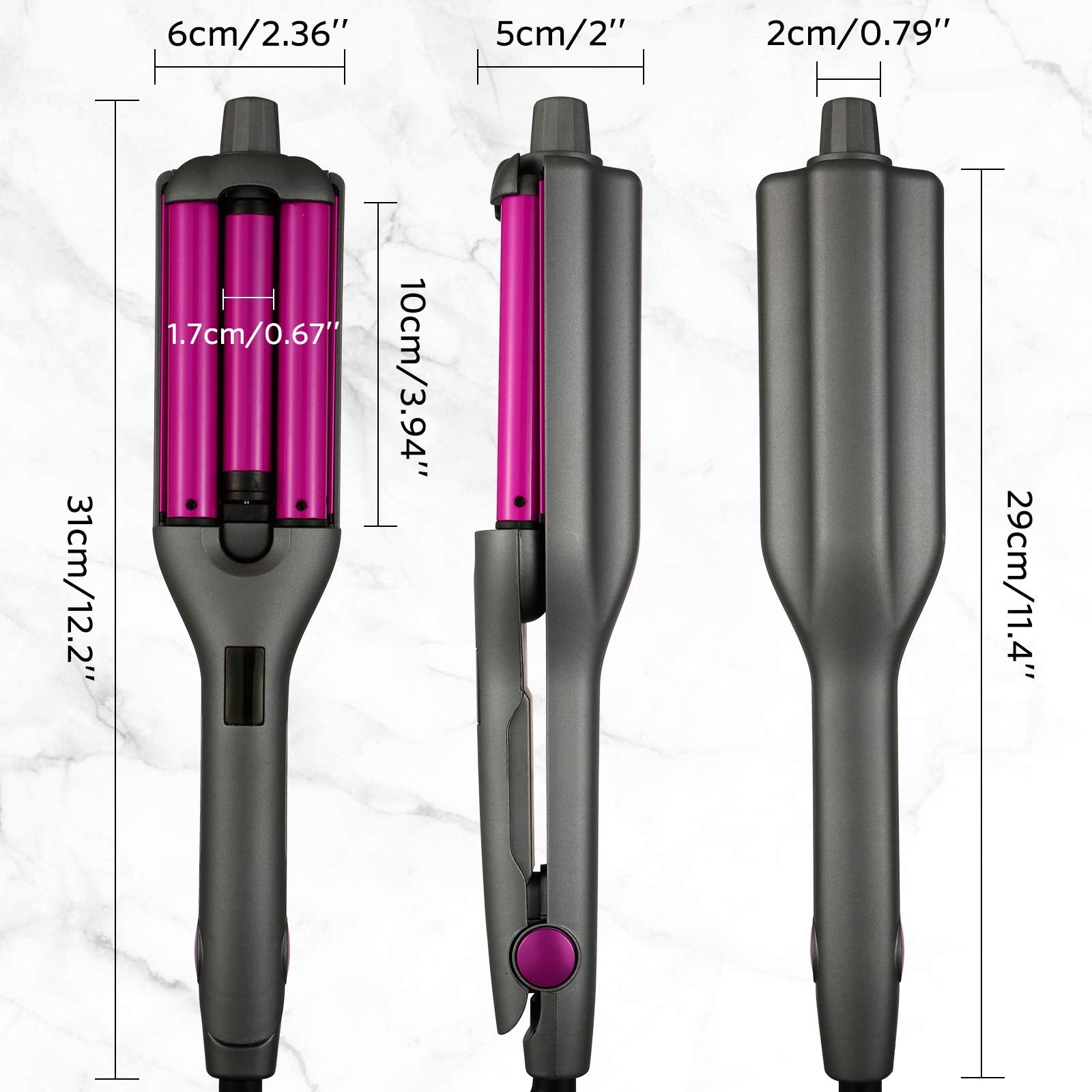Close up view of the 0.6 inch ceramic plates on the hair waver styling iron.