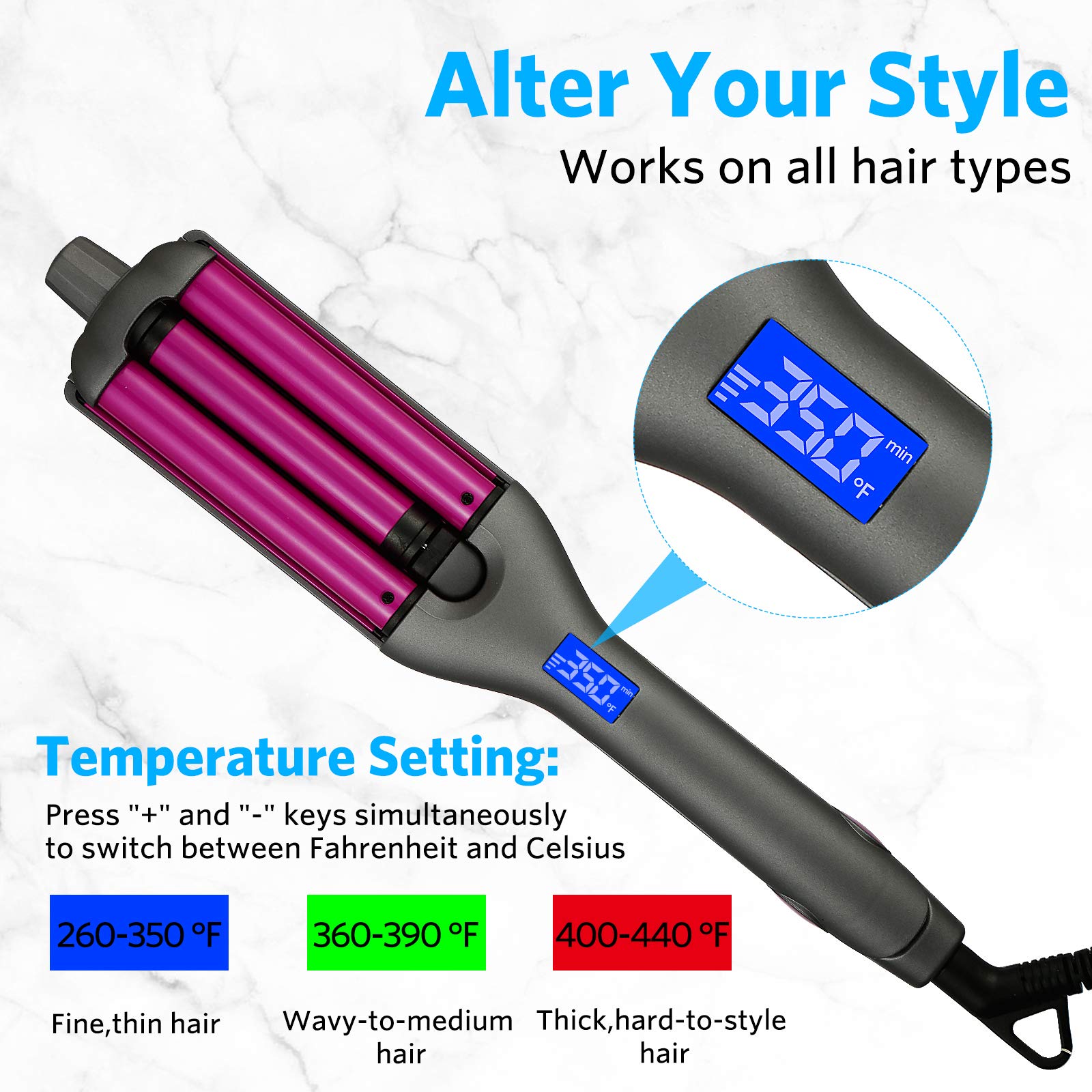 Side profile of the triple barrel curling iron highlighting the ergonomic handle design.