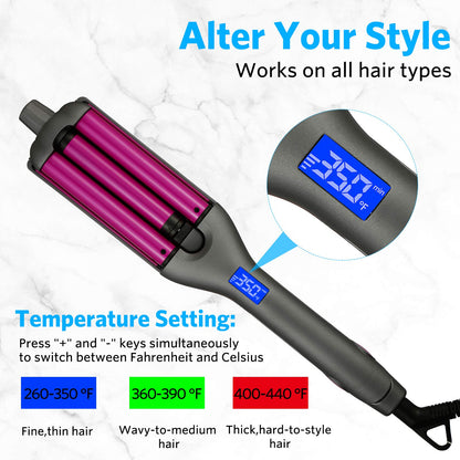 Side profile of the triple barrel curling iron highlighting the ergonomic handle design.