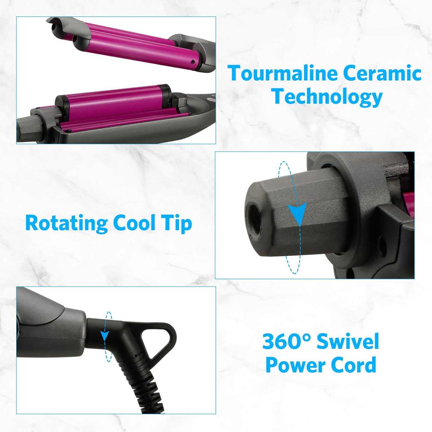 Angled shot of the ceramic heating elements on the triple barrel hair tool.