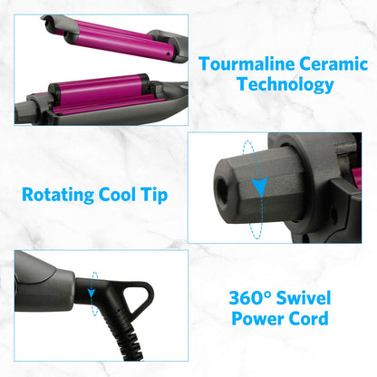 Angled shot of the ceramic heating elements on the triple barrel hair tool.