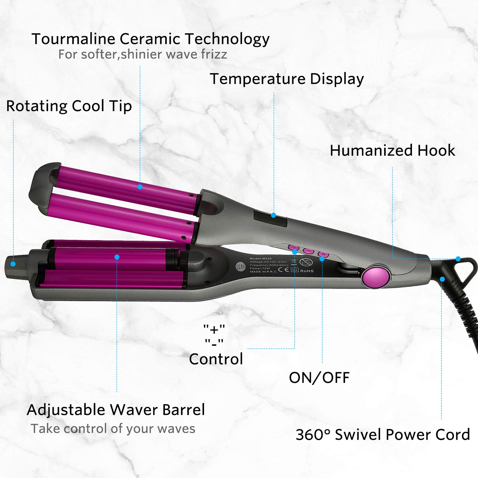 Detailed look at the tip and temperature control interface of the champagne hair crimper.