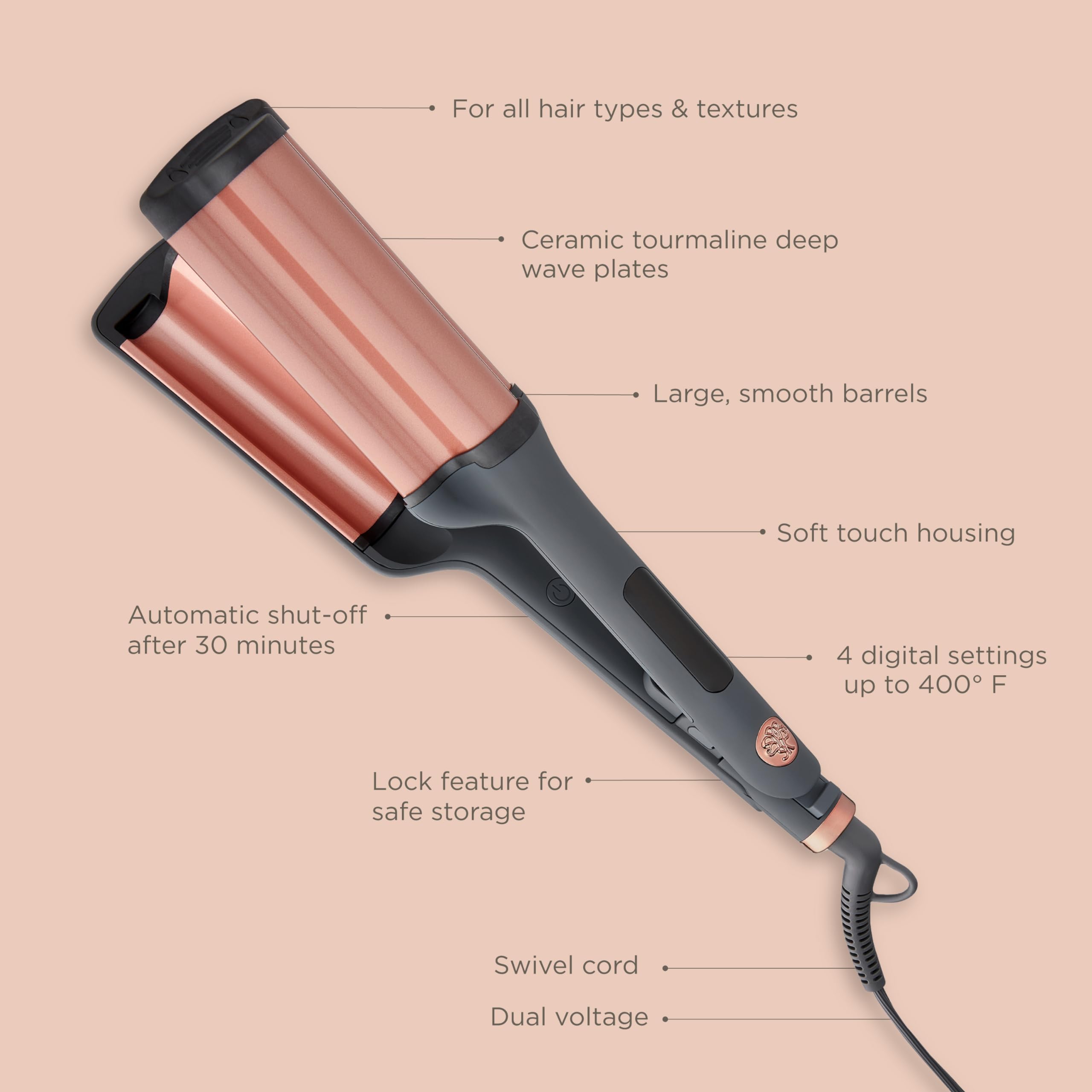 Authentic Hairitage beach waver iron packaging with included alligator hair clips