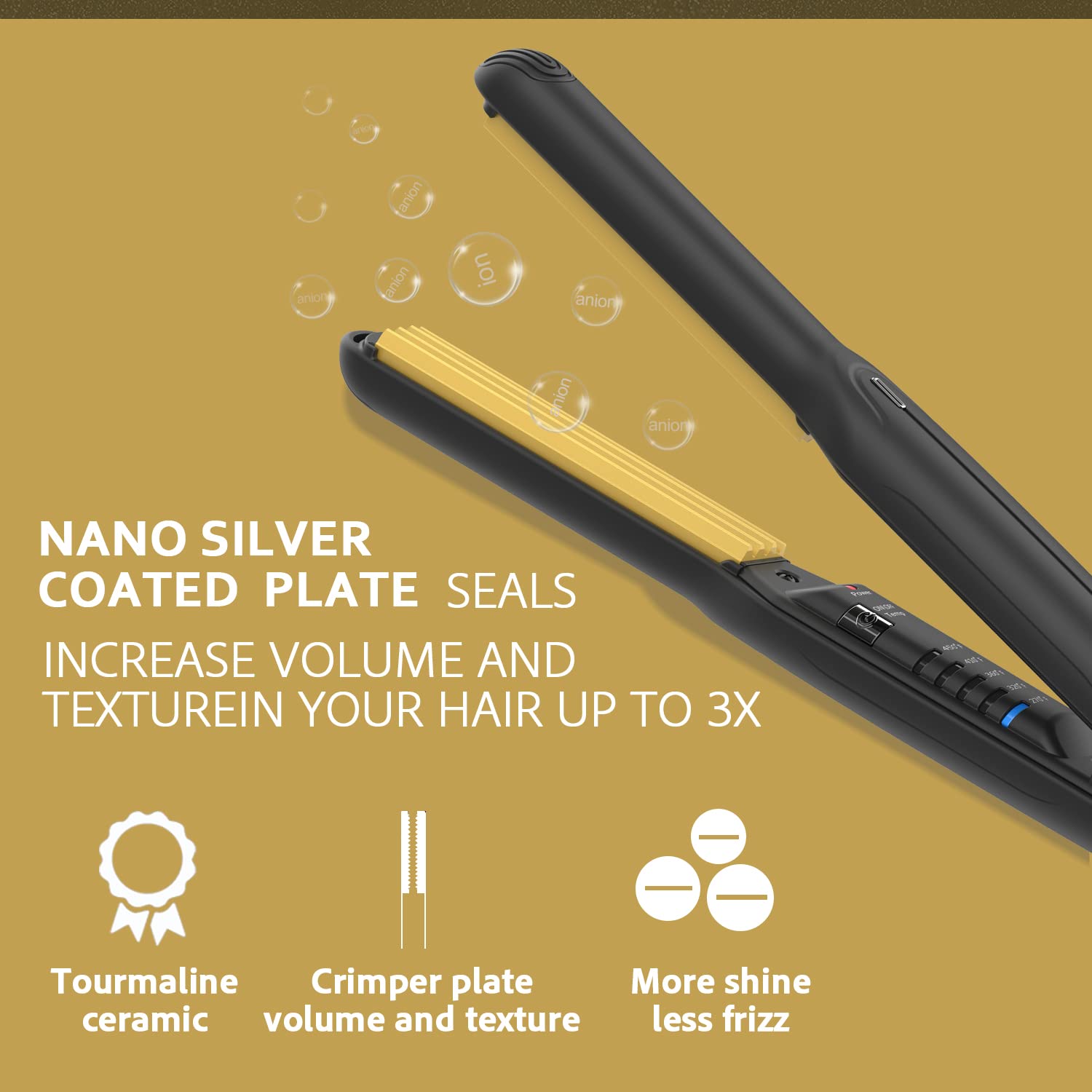 Keragard crimping iron displaying the five digital temperature setting controls on the handle