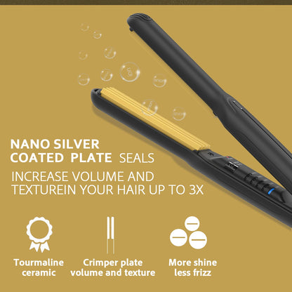 Keragard crimping iron displaying the five digital temperature setting controls on the handle