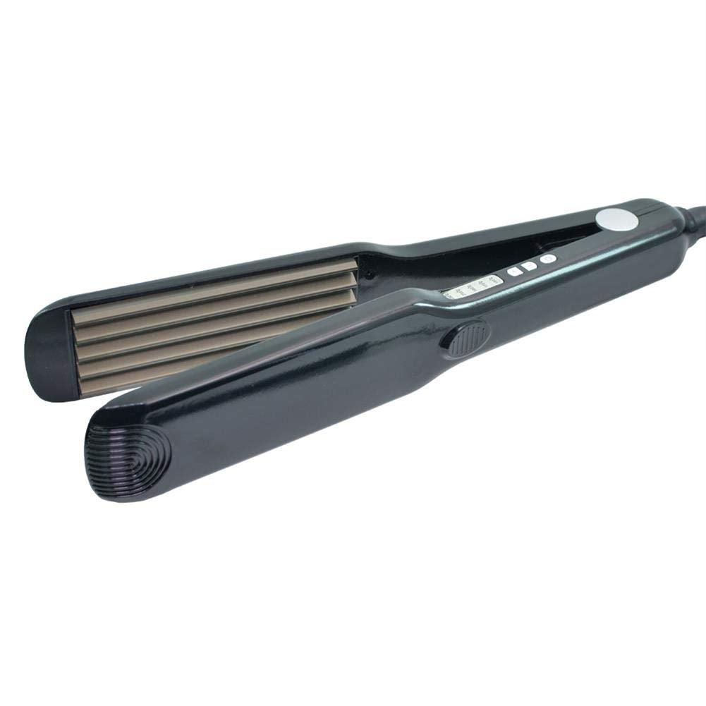 Corrugated ceramic flat plates on a black hair crimping machine for women