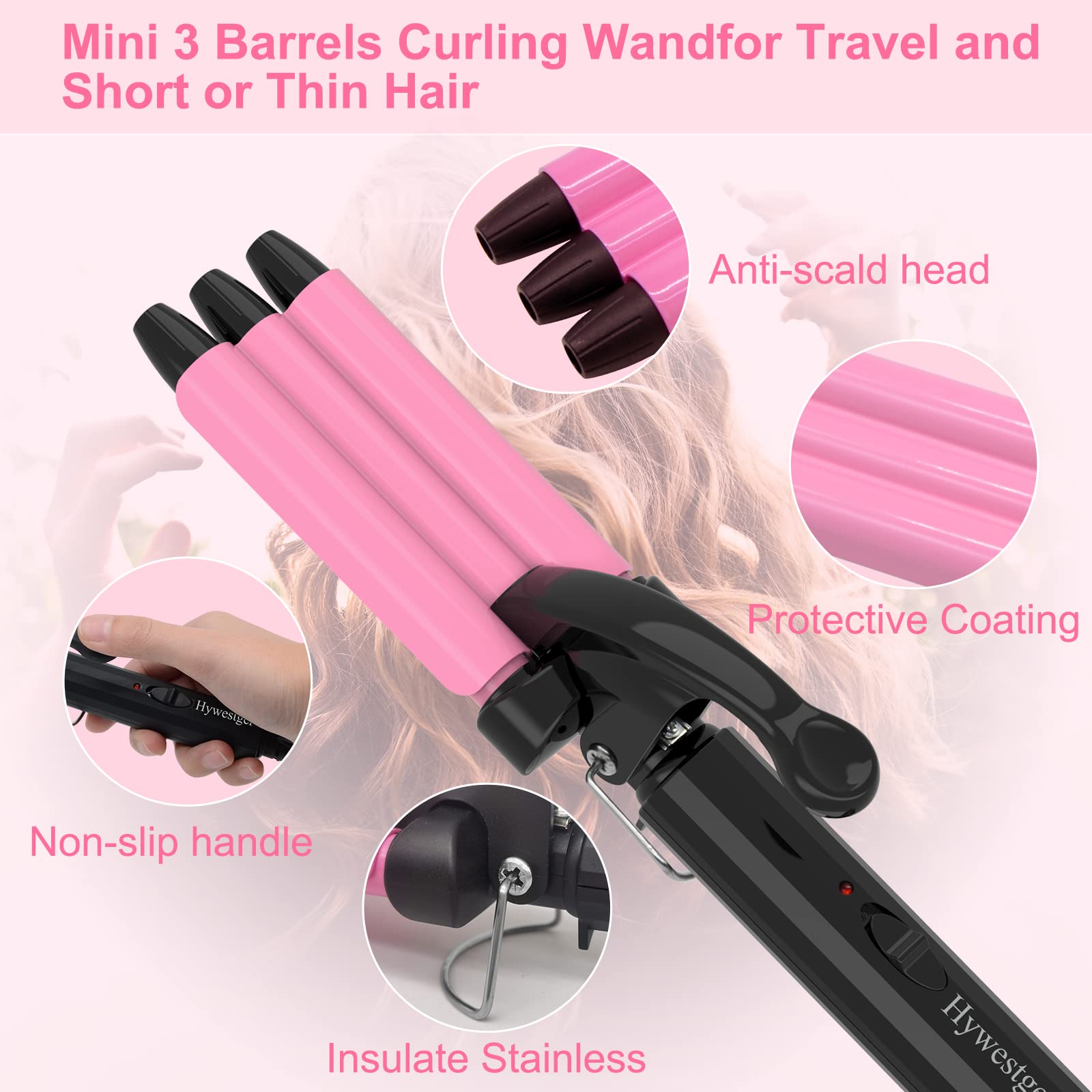 One half inch small beach waves curling wand illustrating the unique triple barrel styling mechanism.