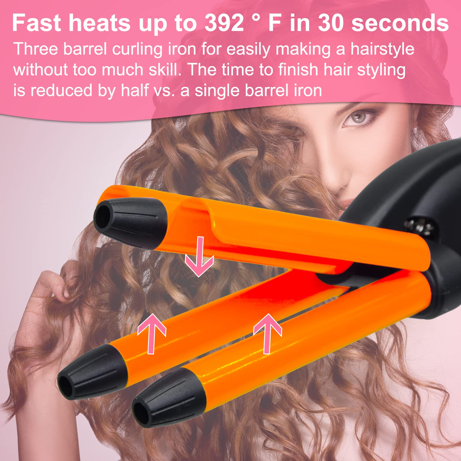 Pink mini three barrel hair curler positioned to show the protective cooling tips.