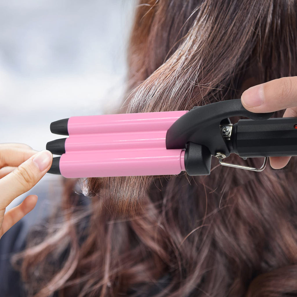 Jane Love triple barrel hair waver highlighting the simple power switch and indicators.