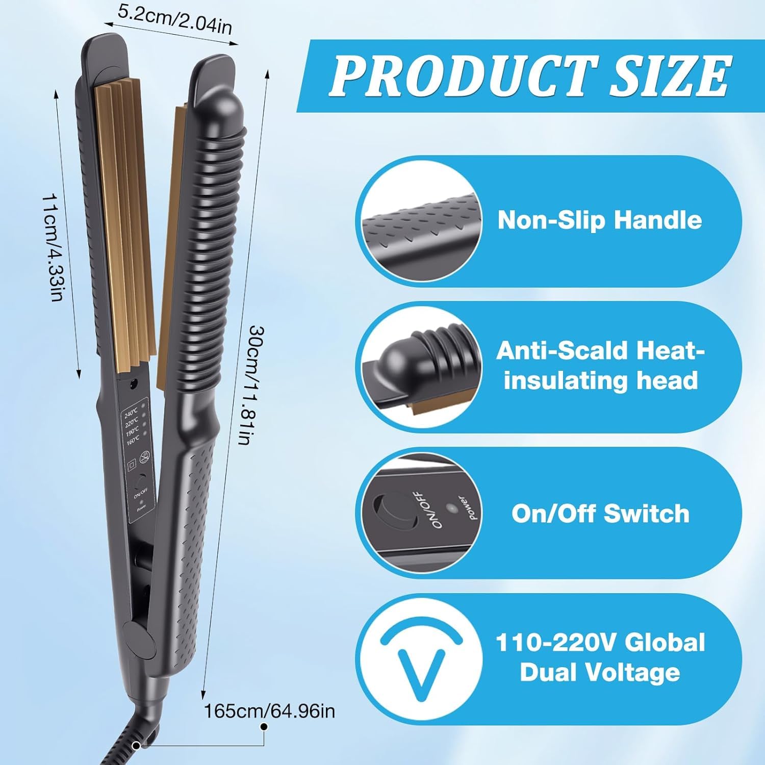 AVCXEC hair crimper close-up highlighting the three teeth design and heating element.