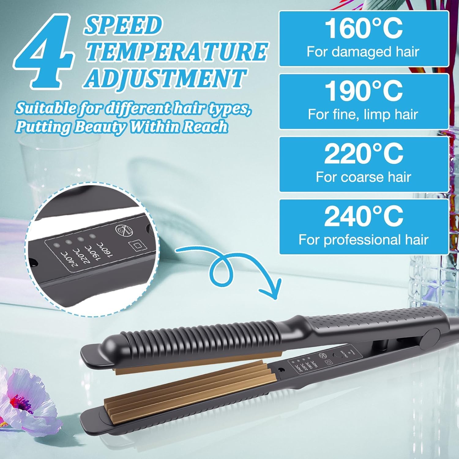 AVCXEC rapid heating volumizing iron displaying the digital temperature control buttons.