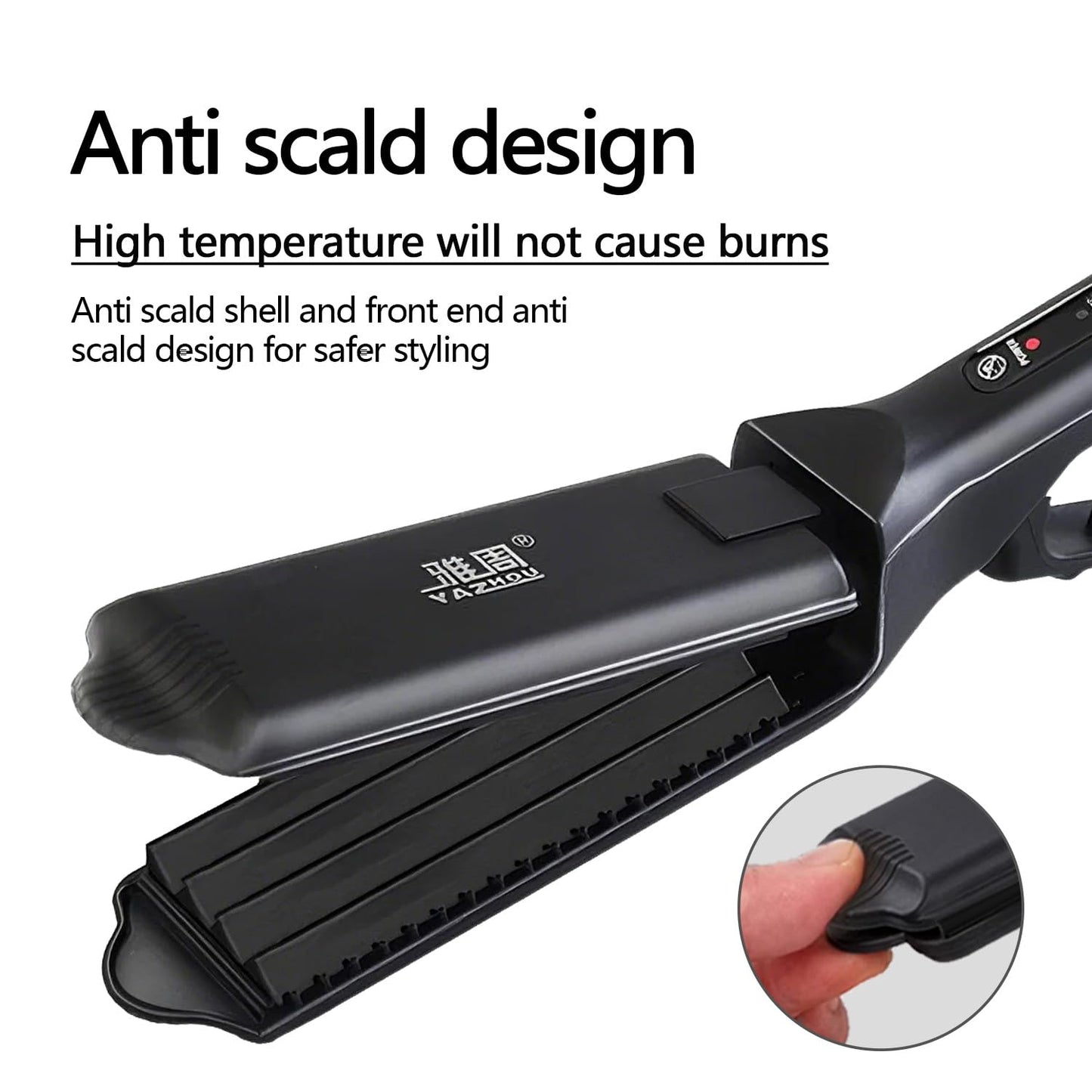 Side profile of the TOHUAN fluffy hairstyle crimping iron highlighting the ergonomic handle and sleek design.