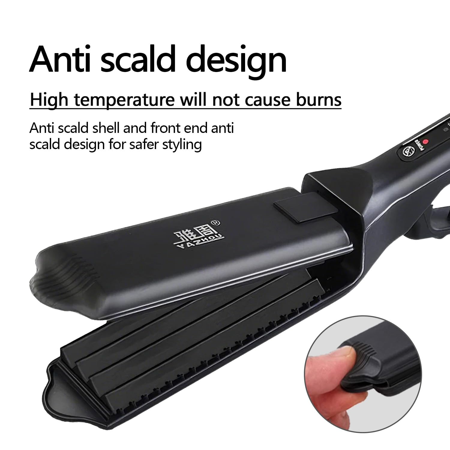 Side profile of the TOHUAN fluffy hairstyle crimping iron highlighting the ergonomic handle and sleek design.