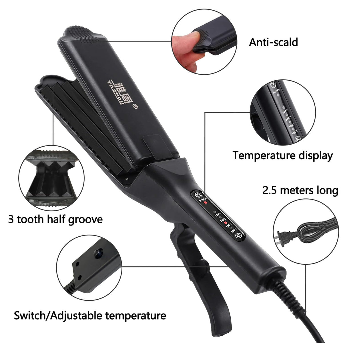 Full packaging view of the imported TOHUAN hair crimper for women volumizing fluffy hairstyle tool.
