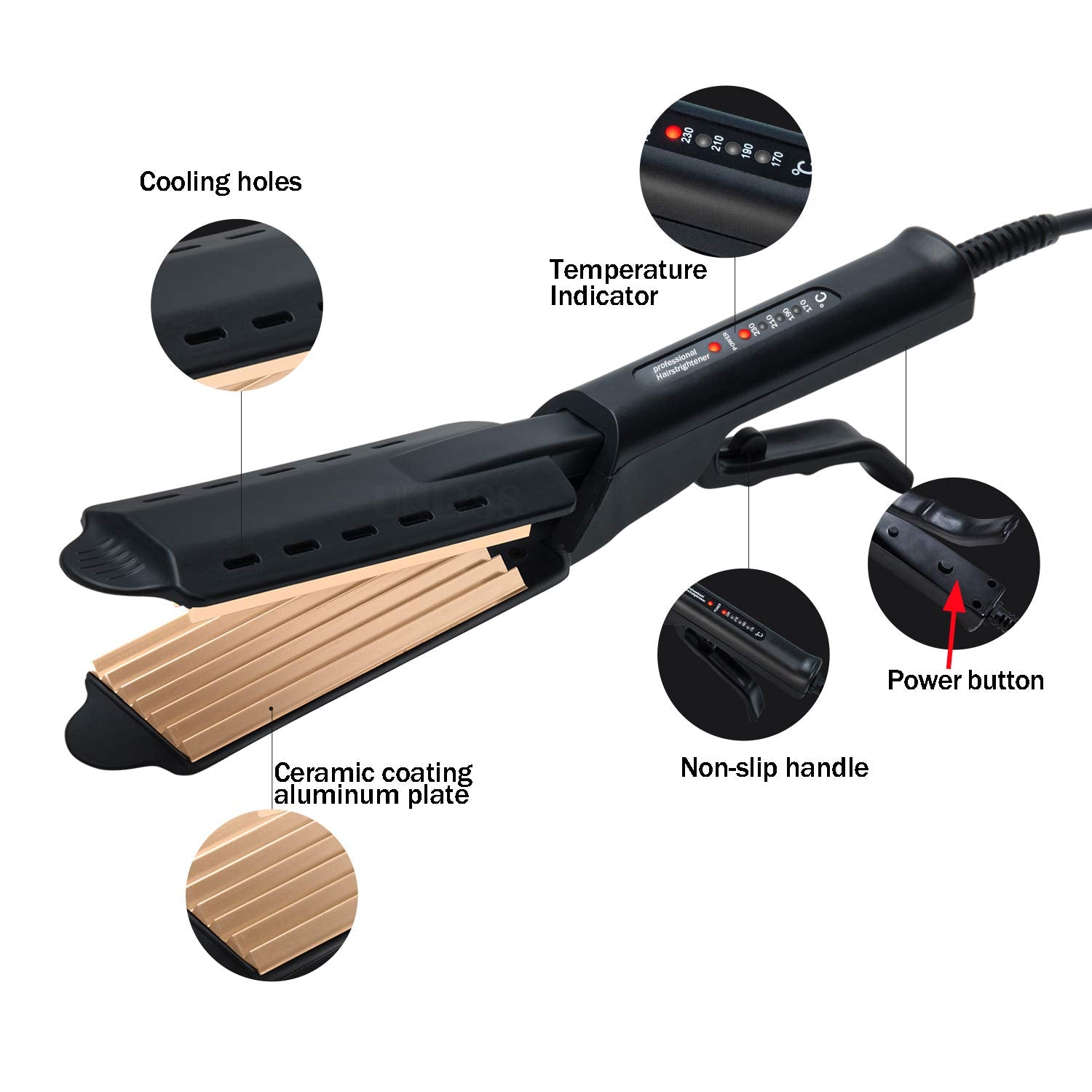 UKLISS volumizing curling iron displaying the four step temperature control panel.