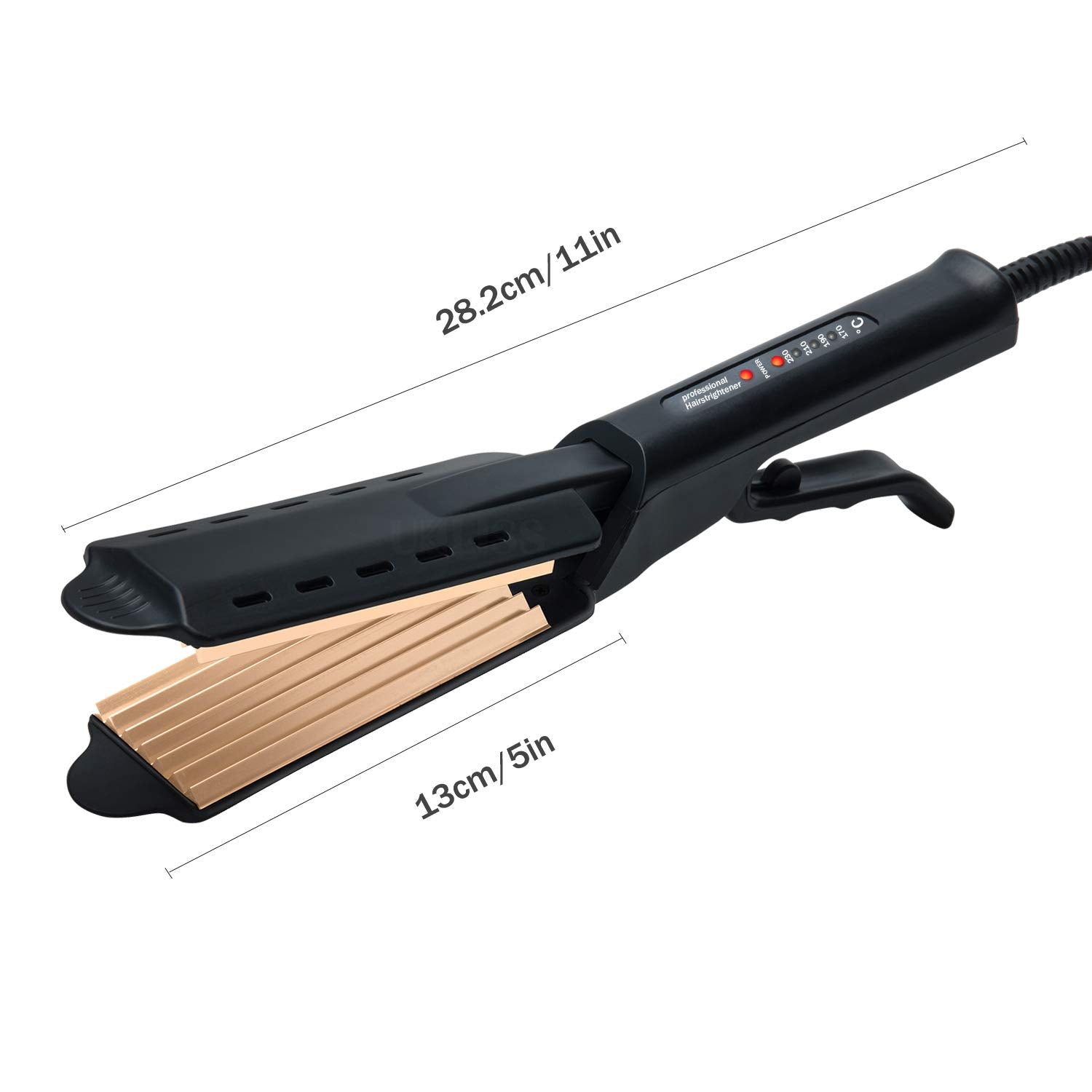 Side profile of the pink corrugation hair crimper with nine teeth design.