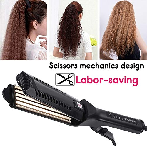 A before and after comparison demonstrating the fluffy hairstyle achieved with this crimper.