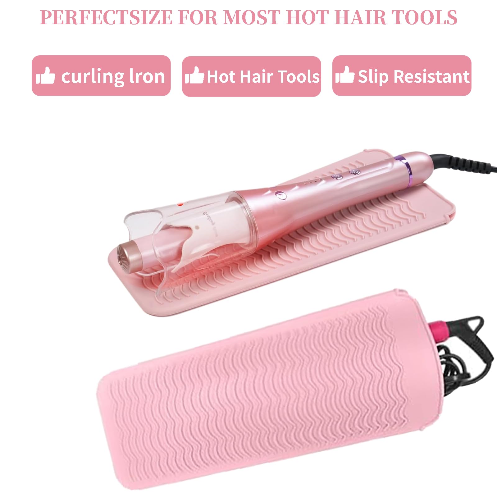 Pink silicone heat resistant mat wrapped around a flat iron hair straightener