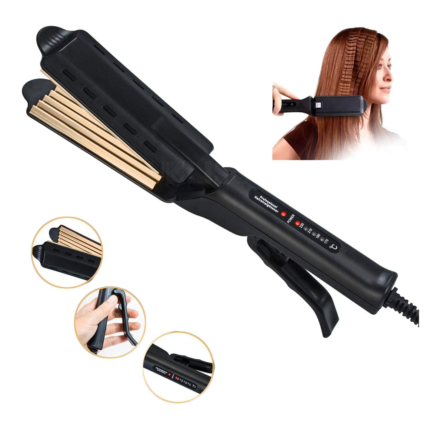 UKLISS wide plate hair waver showing the fast heating PTC element structure.