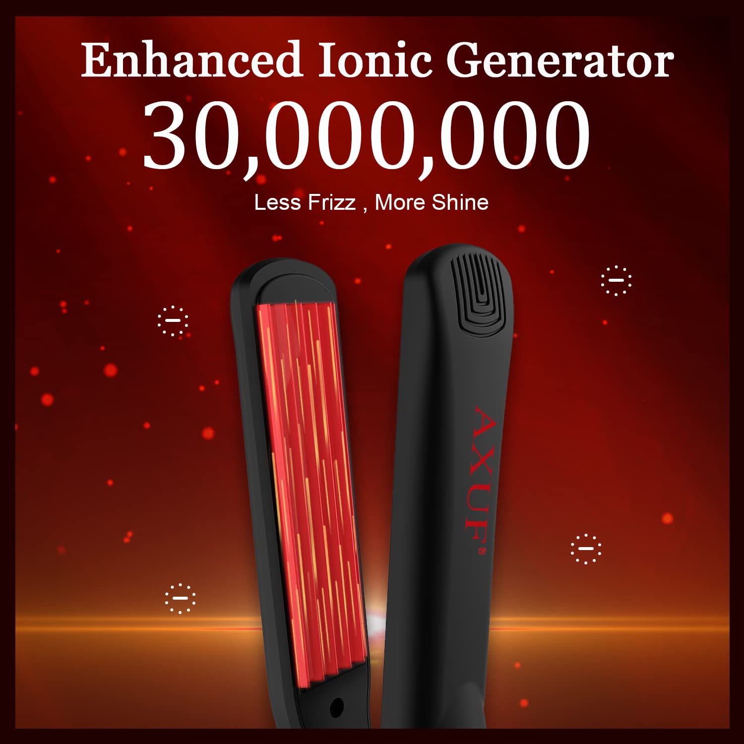 AXUF hair crimper showing the 5 temperature setting indicator lights and power button